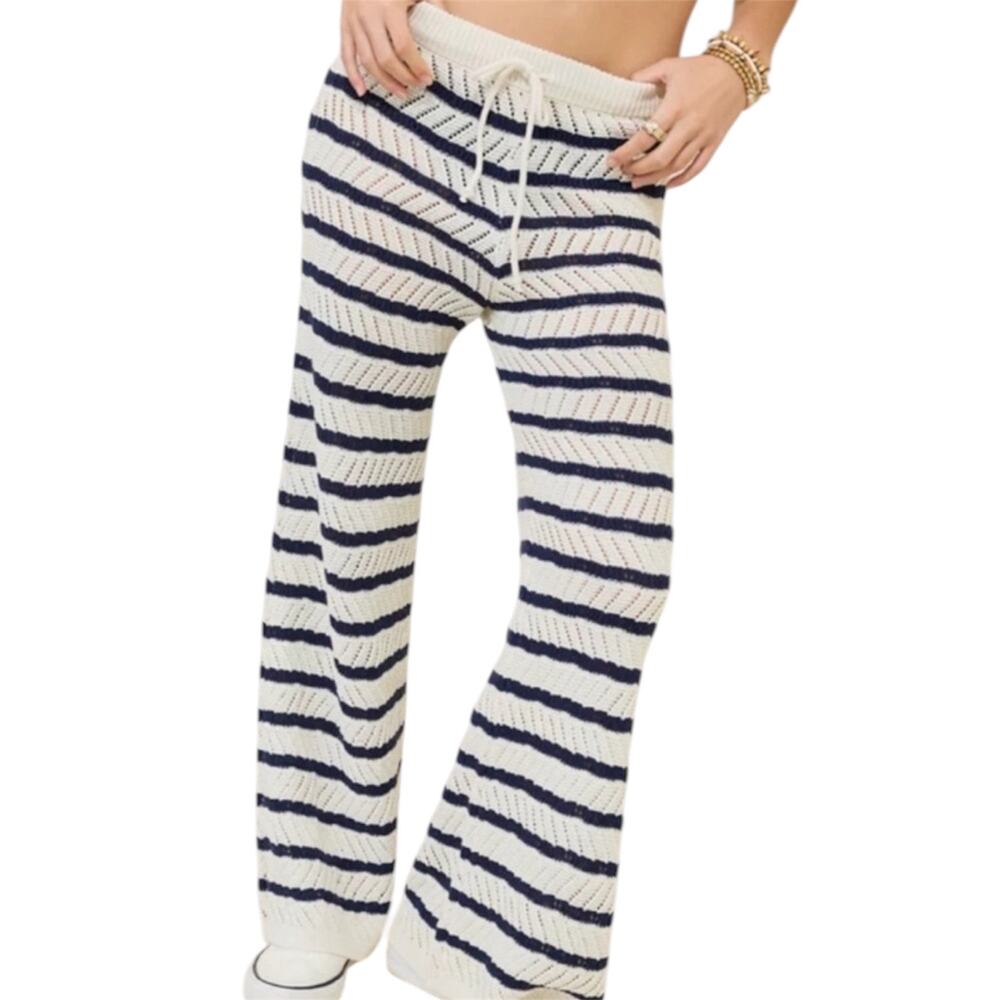 Aerie Cream Navy Striped Knit Lounge Pants Wide Leg Cozy Coastal Chic Size Large